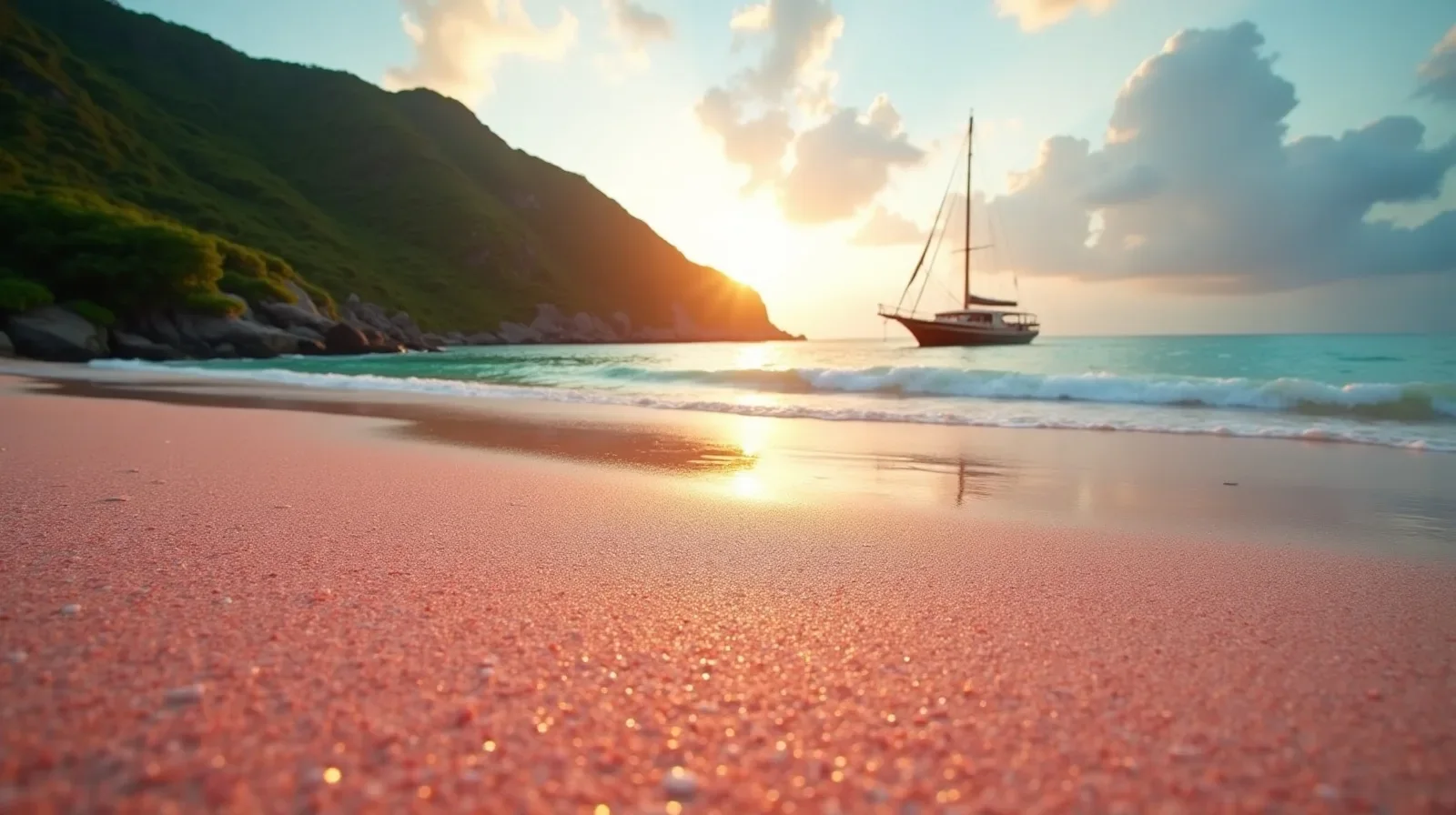 Pink sand beach at golden hour with phinisi