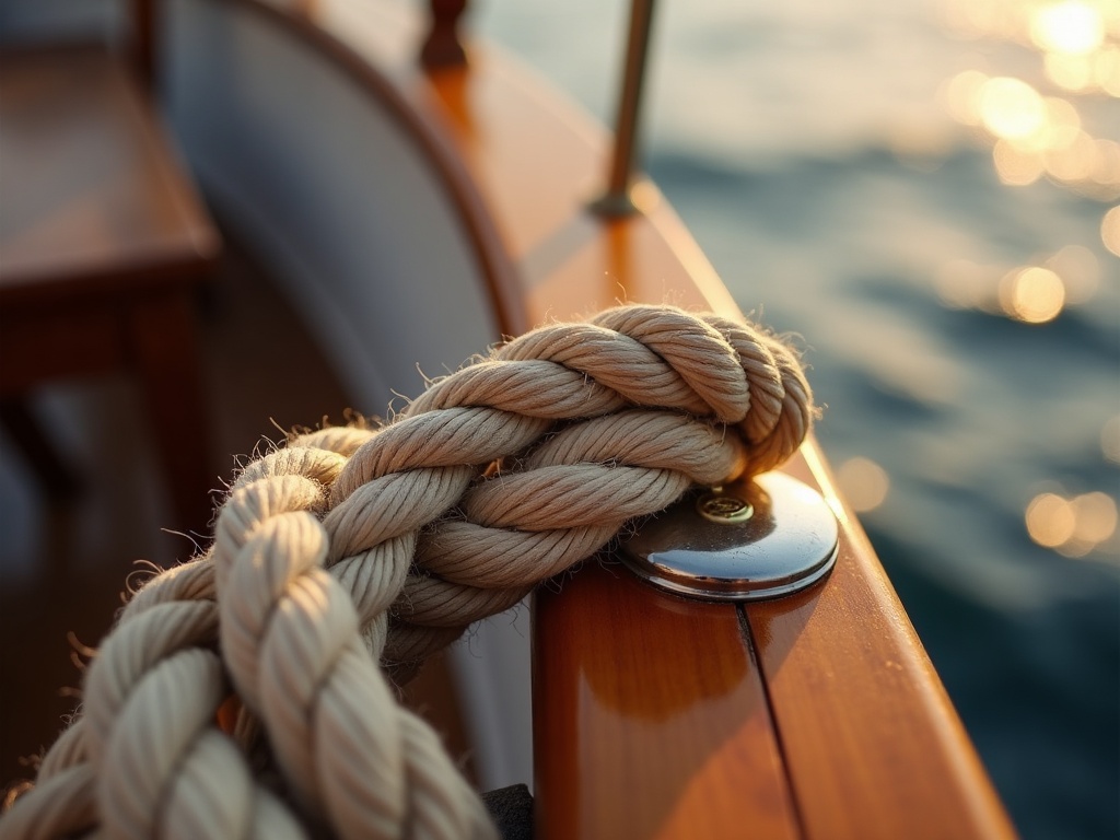 Teak deck detail of a phinisi liveaboard with coiled mooring lines and brass fittings