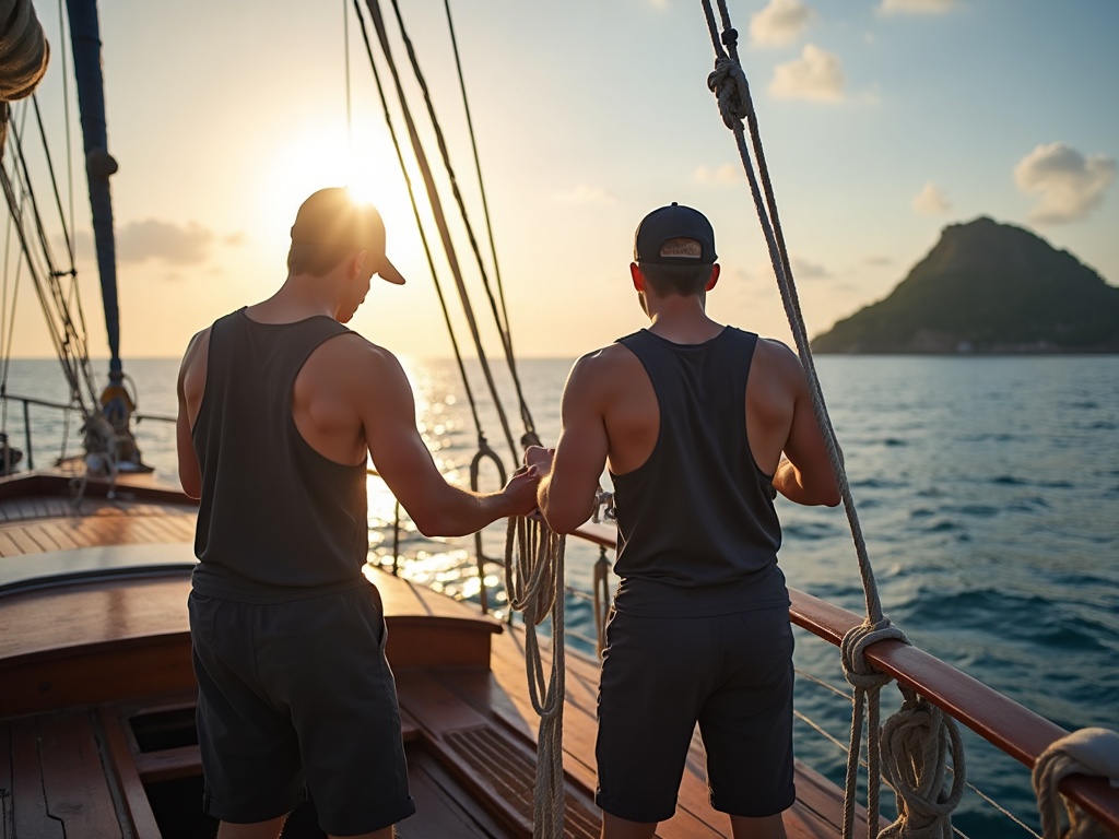 Crew hands coiling a sail rope on the deck of a phinisi liveaboard in eastern Indonesian seas