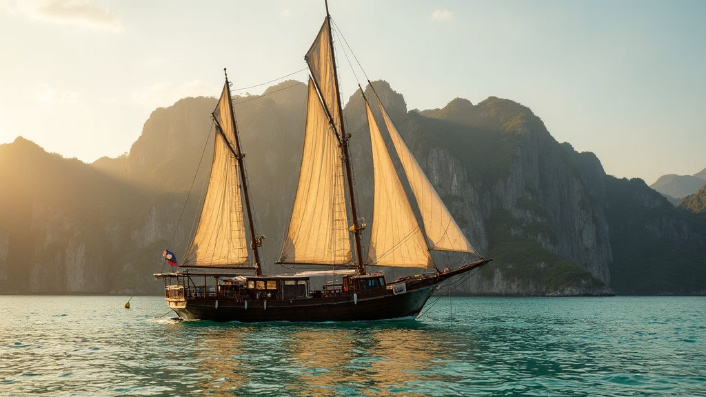 Phinisi liveaboard from Bali at anchor in calm Komodo archipelago waters at golden hour